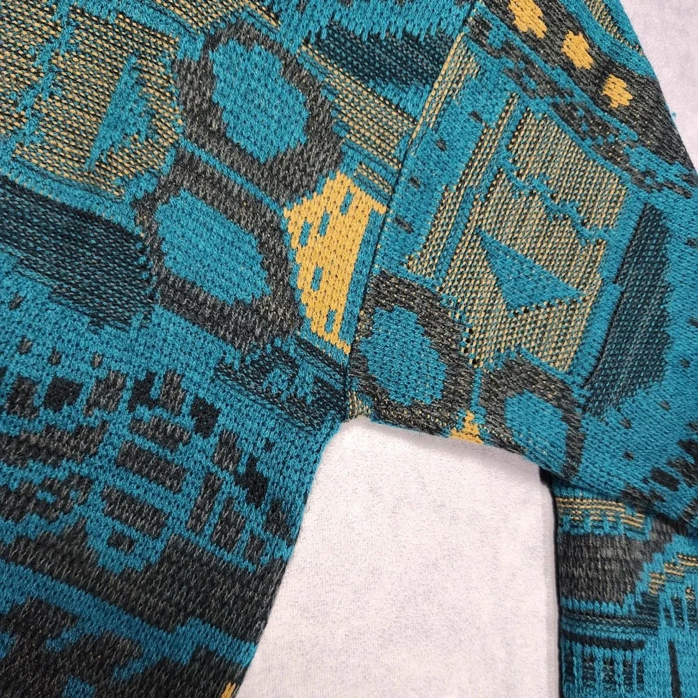 Saturdays Mens Vintage Teal Black Gold Geometric Pattern Knit Sweater size Large